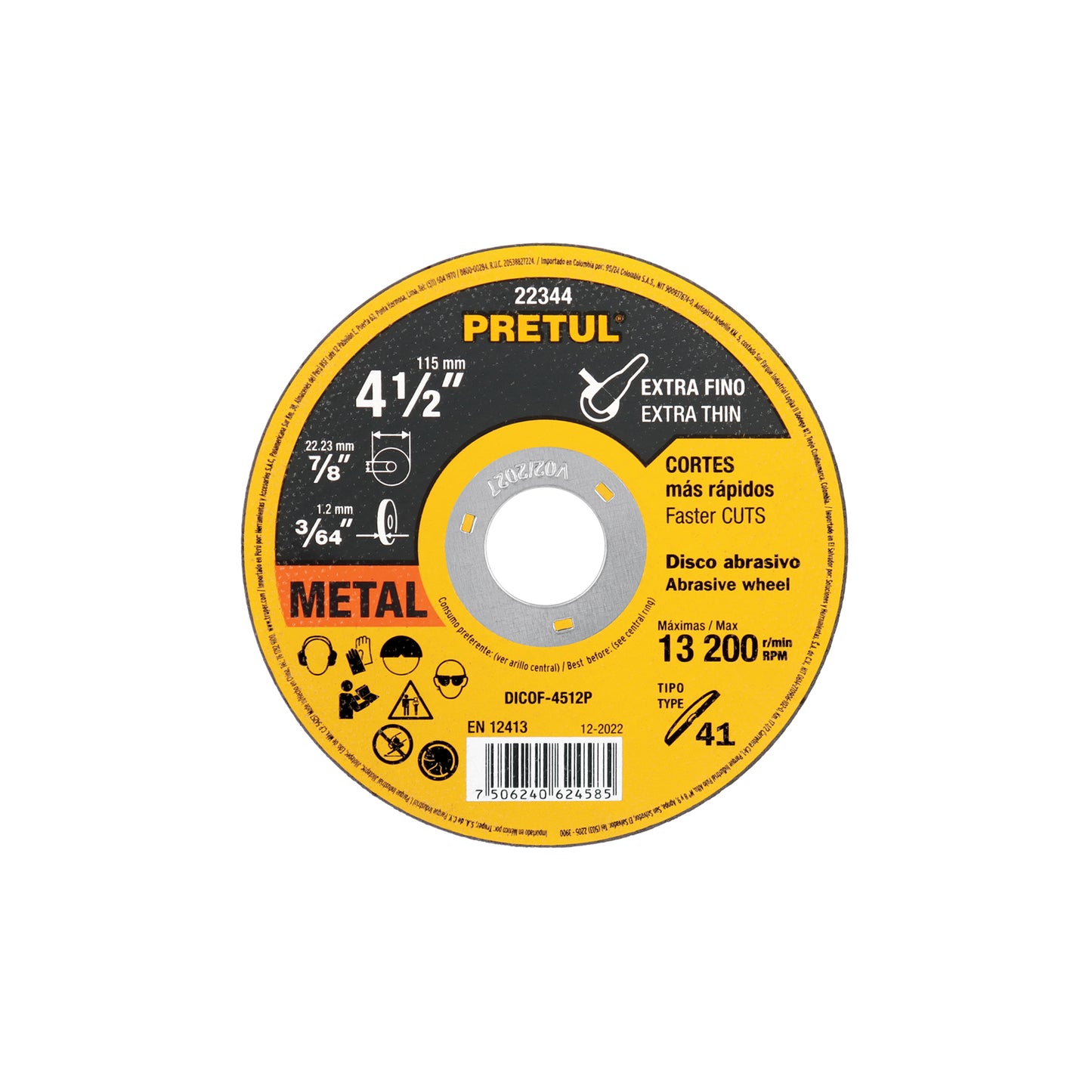 DISCO CORTE METAL EXTRAFINO UG 4-1/2 X 1.2MM PRETUL (22344) DICOF-4510P