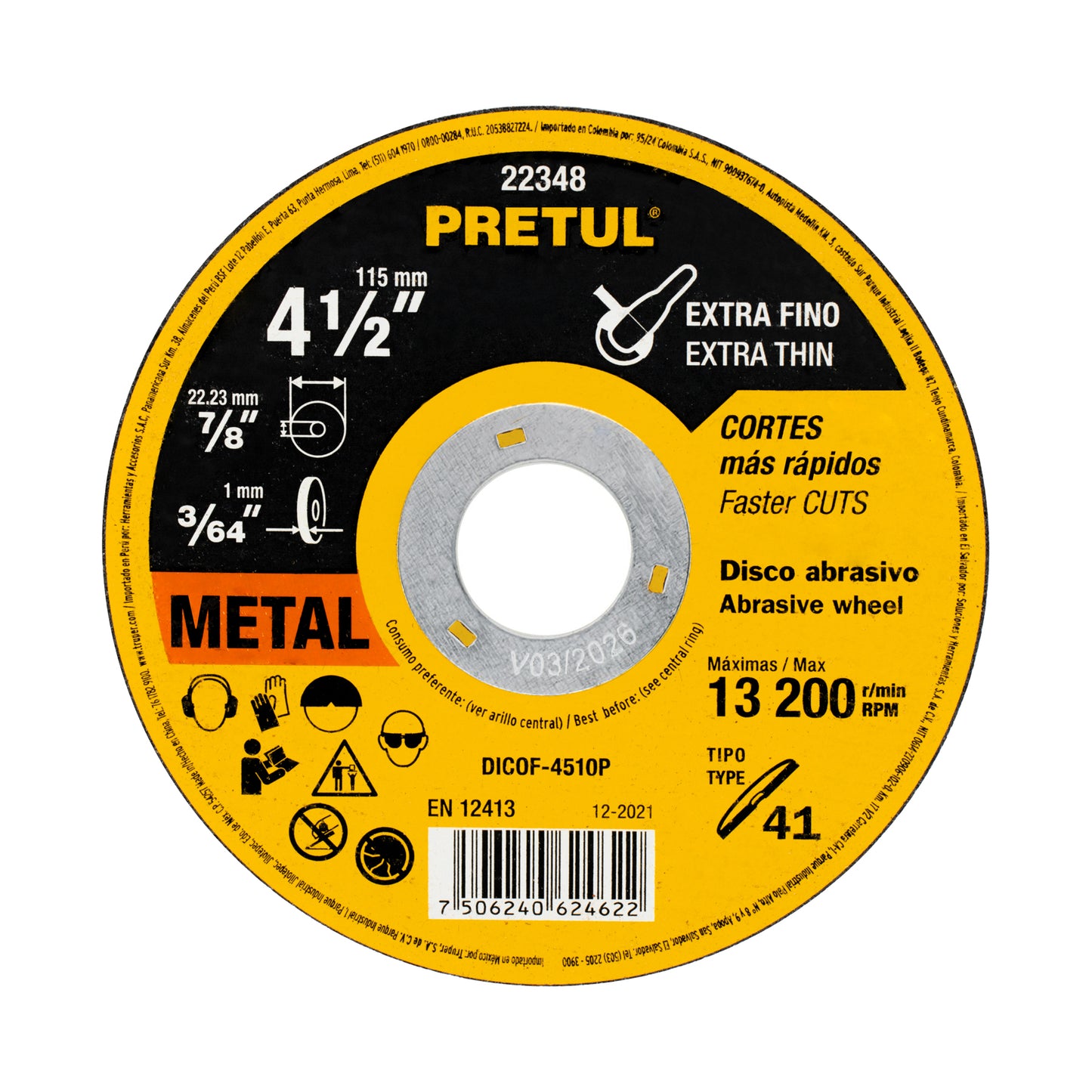 DISCO CORTE METAL EXTRAFINO USO GENERAL 4-1/2" X 1MM PRETUL (22348) DICOF-4510P
