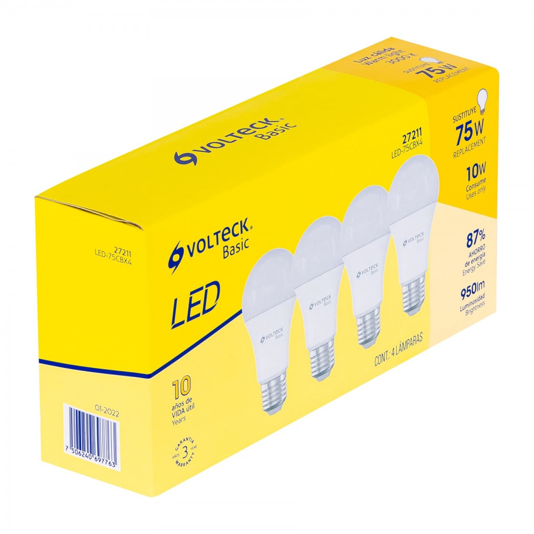 PACK DE 4 PZ LAMPARA LED A19 8W E27 LUZ CALIDA VOLTECK (27211) LED-75CBX4
