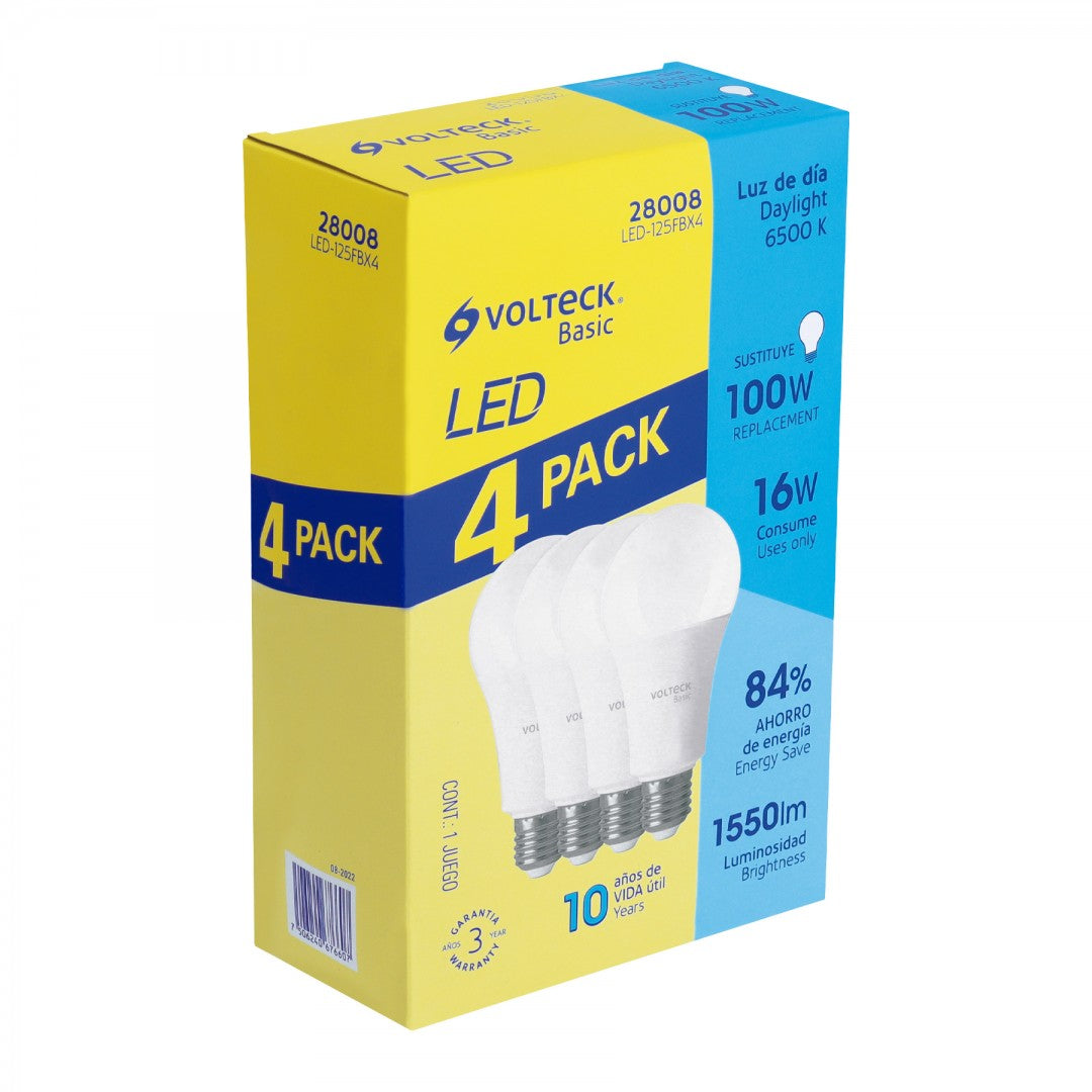 LAMPARA LED A19 16W E27 CAJA DE 4 PZ LUZ DE DIA VOLTECK (28008) LED-125FBX4