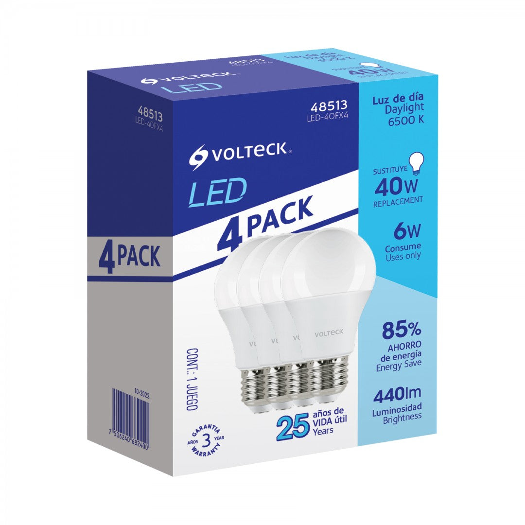 PACK DE 4 LÁMPARAS DE LED A19 6 W LUZ DE DÍA, CAJA, VOLTECK (48513)LED-40FX4