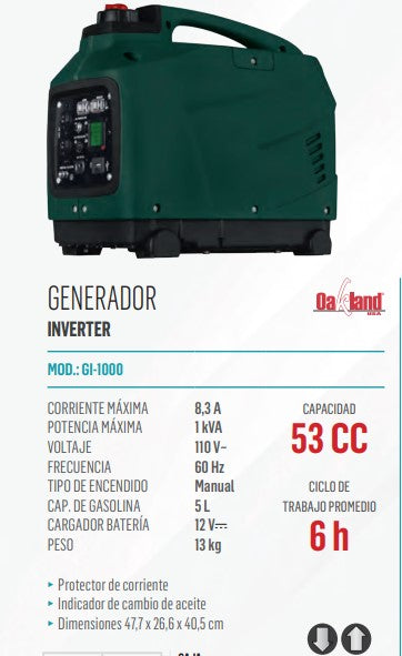 GENERADOR INVERTER 53CC 5 A 1000 W 110V 2.7 L 13 KG 6 HR GI-1000