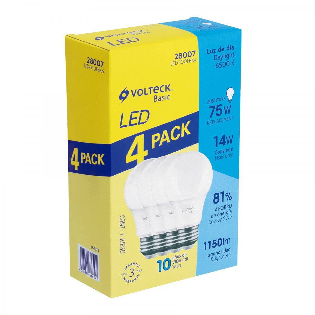 LAMPARA LED A19 14 W 4-PACK LUZ DIA VOLTECK (28007) LED-100FBX4