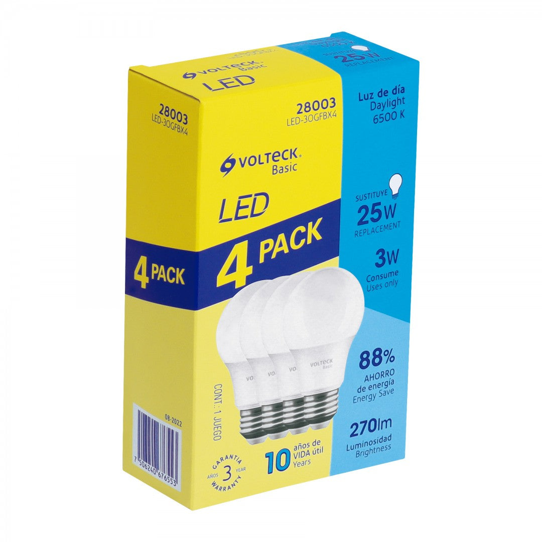 PACK DE 4 LÁMPARAS DE LED G45 3 W, LUZ DE DÍA, CAJA, BASIC (28003)LED-30GFBX4
