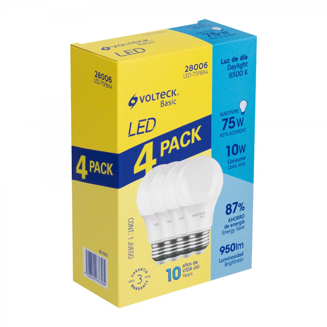LAMPARA LED A19 10W E27 CAJA DE 4 PZ LUZ DE DIA VOLTECK (28006) LED-75FBX4