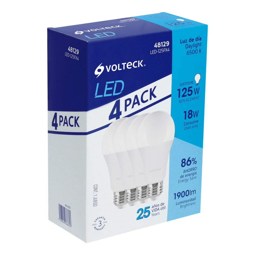 PACK DE 4 LÁMPARAS DE LED A19 18 W LUZ DE DÍA, CAJA, VOLTECK (48129)