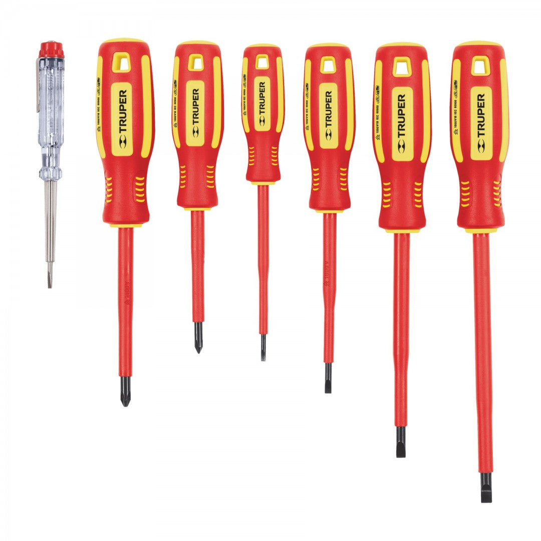JUEGO 6 DESARMADORES DIELECTRICOS Y 1 PROBADOR CORRIENTE TRUPER (14196) DTJ-7D.