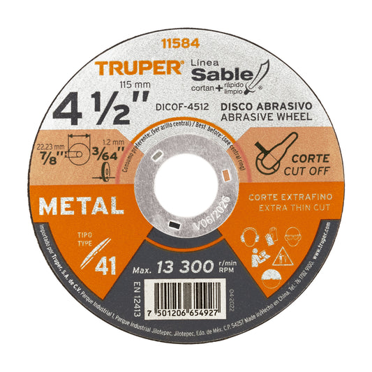 DISCO CORTE METAL EXTRAFINO ALTO RENDIMIENTO 4 1/2" X 1.2MM TRUPER (11584) DICOF-4512