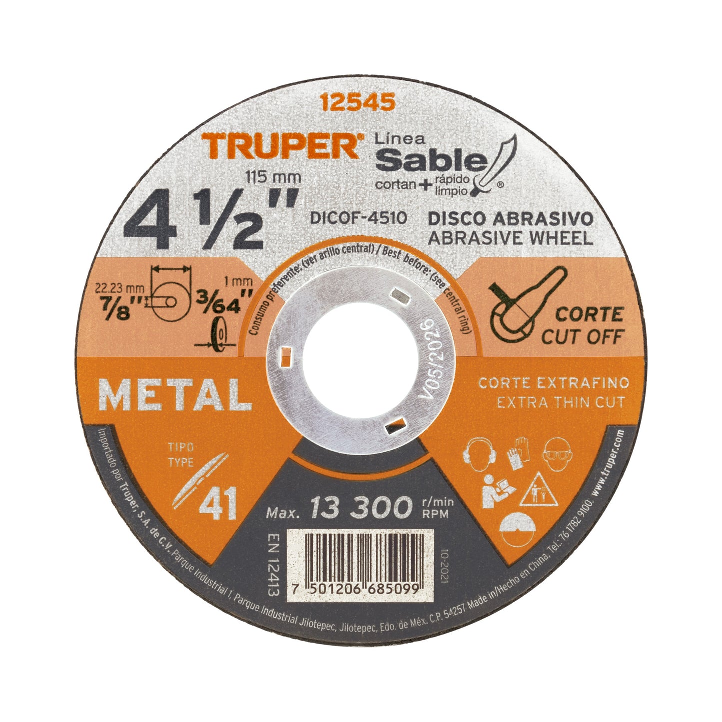 DISCO CORTE METAL EXTRAFINO ALTO RENDIMIENTO 4 1/2" X 1MM TRUPER (12545) DICOF-4510