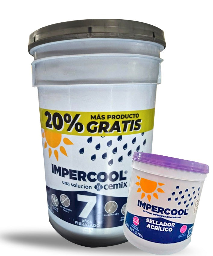 IMPERMEABILIZANTE IMPERCOOL FIBRATADO 7 AÑOS 22.8 LTS + SELLADOR ACRILICO DE 3.8 LTS