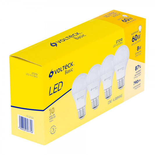 PACK DE 4 PZ LAMPARA LED A19 8W E27  LUZ CALIDA VOLTECK (27210) LED-60CBX4
