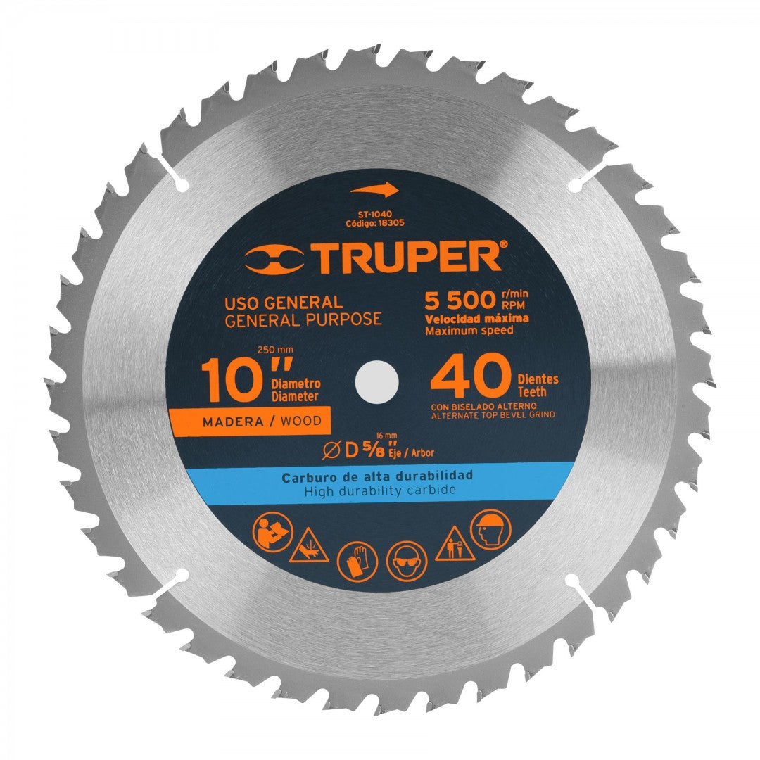 SIERRA CIRCULAR P/MADERA 10" 40 DIENTES CENTRO 5/8 TRUPER (18305) ST-1040