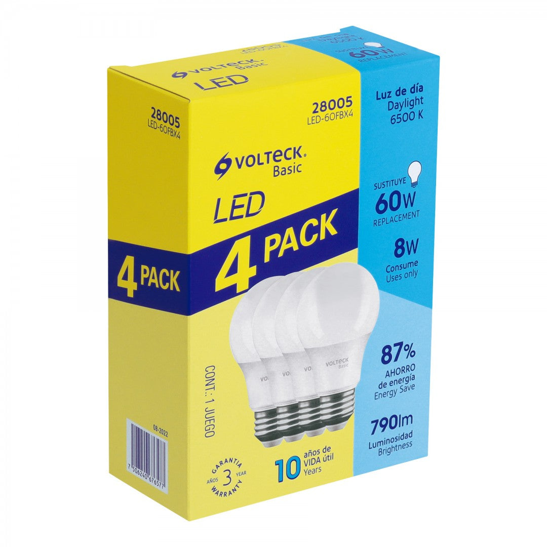 PACK DE 4 PZ LAMPARA LED A19 8W E27  LUZ DE DIA VOLTECK (28005)