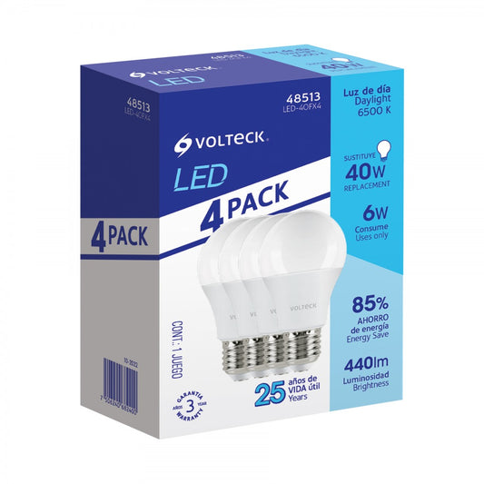 PACK DE 4 LÁMPARAS DE LED A19 6 W LUZ DE DÍA, CAJA, VOLTECK (48513)LED-40FX4