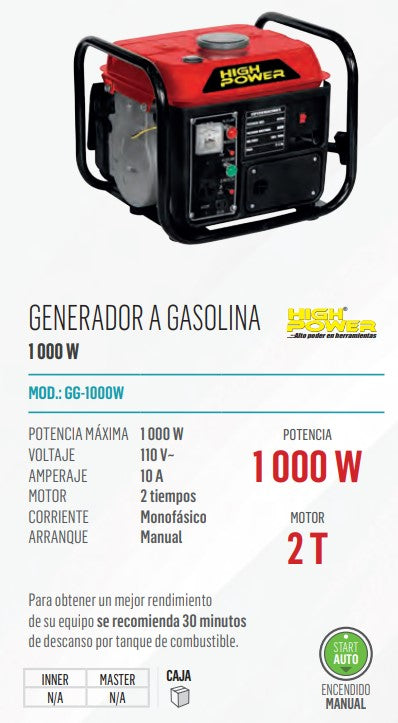 GENERADOR A GASOLINA 1000W HIGGG-1000W