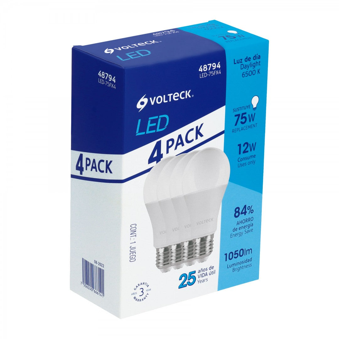 PACK DE 4 LÁMPARAS DE LED A19 12 W LUZ DE DÍA, CAJA, VOLTECK (48794)