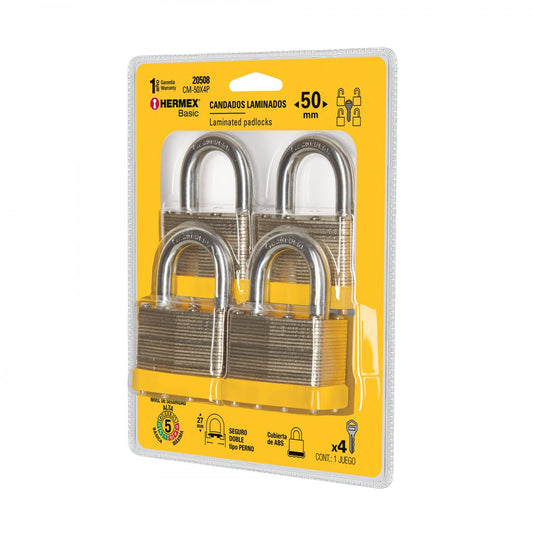 CANDADOS LAMINADOS 50 MM BLISTER 4 PZ HERMEX (20508) CM-50X4P