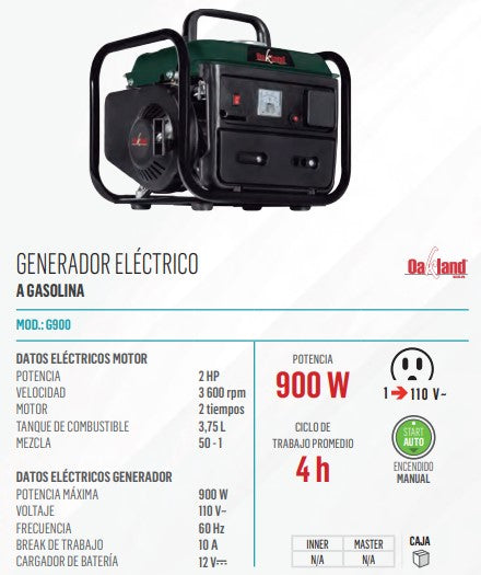 GENERADOR DE CORRIENTE OAKLAND 2 HP  850 W (OAKG900)