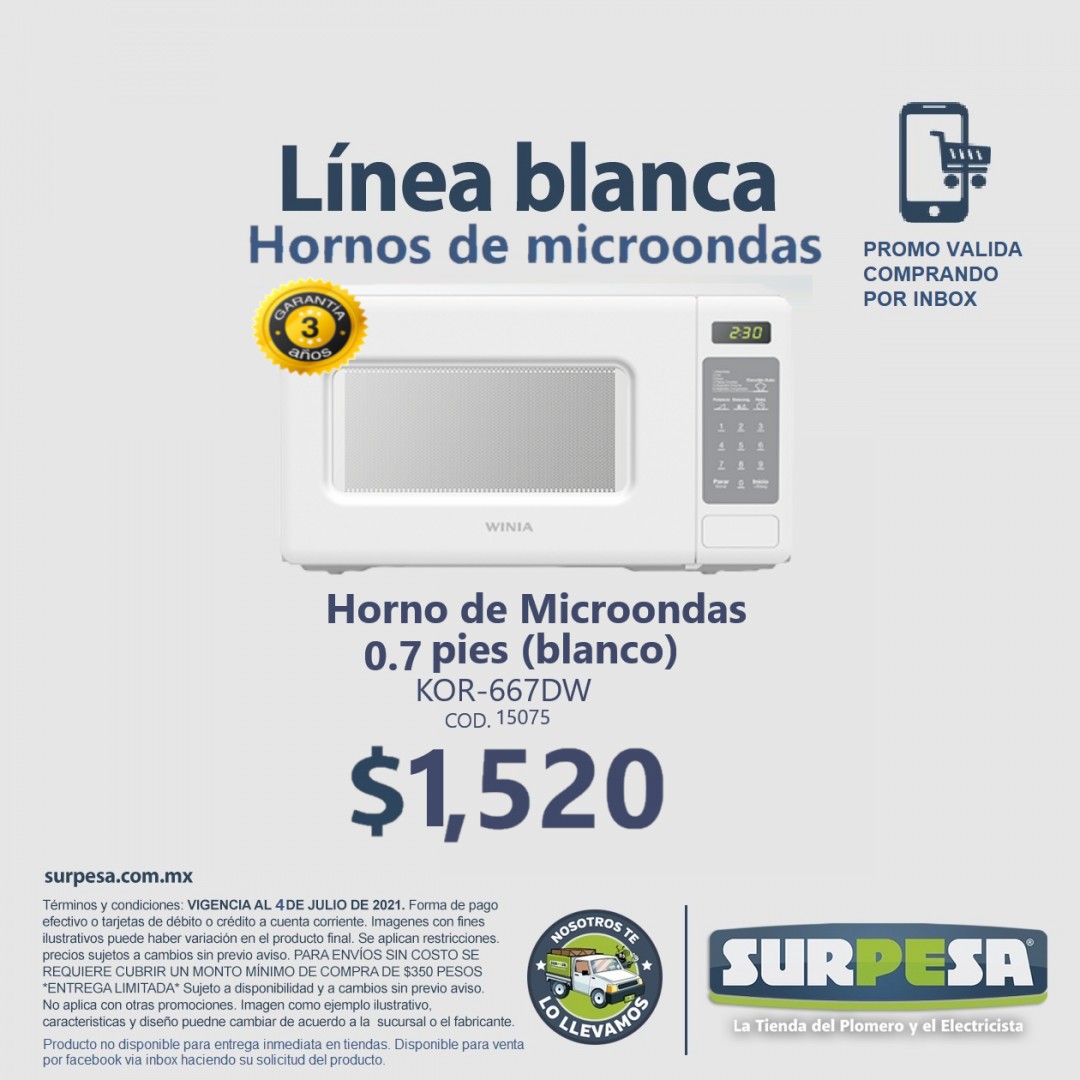 Winia KOR-667DW Horno de Microondas 0.7 pies Blanco : .com.mx: Hogar  y Cocina